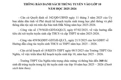 Thông báo danh sách trúng tuyển vào lớp 10 Trường THPT Gia Nghĩa năm học 2025 – 2026