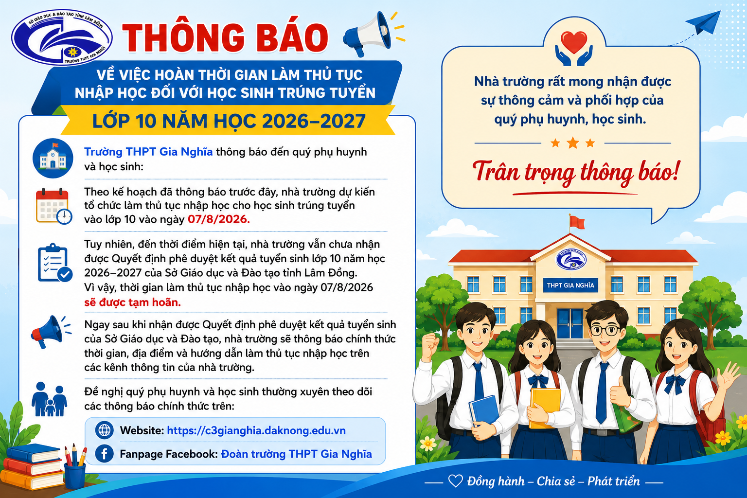 THÔNG BÁO Về việc hoãn thời gian làm thủ tục nhập học đối với học sinh trúng tuyển lớp 10 năm học 2026–2027